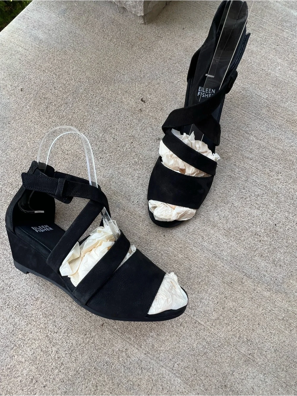 EILEEN FISHER Black Suede Strappy Wedge Sandals Size 7